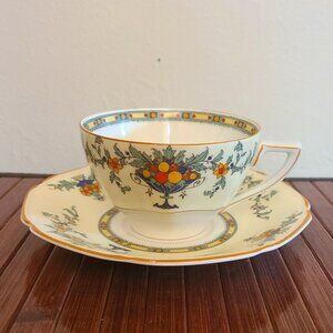 Crown Ducal Ware England Cup and Saucer Blue Urn/ Fruit 1927-30
